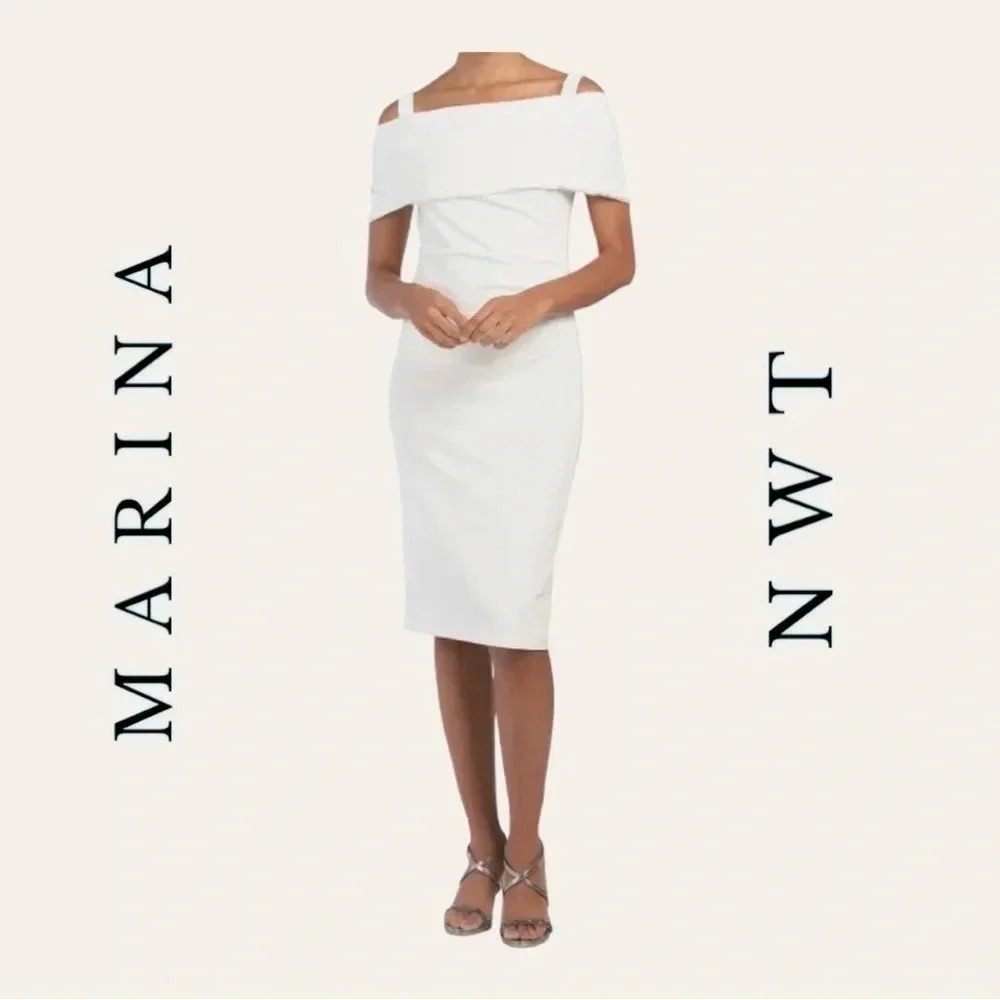 0446W. NWT MARINA DRESS‎ MIDI LENGTH WHITE IN COLOR SIZE 8 OFF SHOULDERS